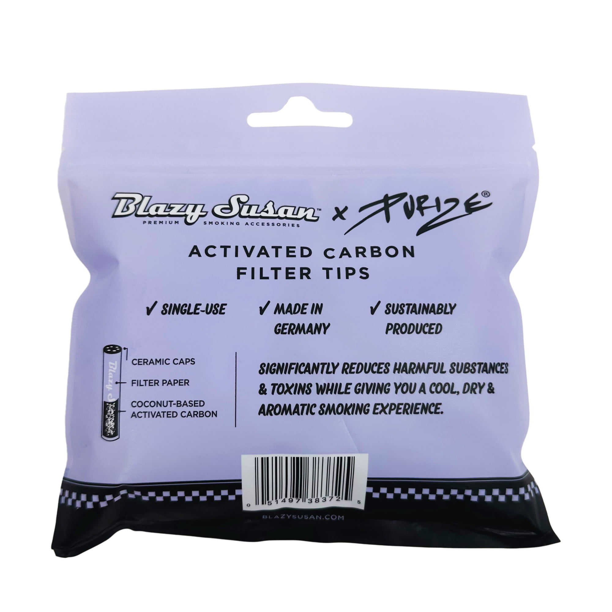 Blazy Susan x Purize Charcoal Activated Filter Tips Regular Size Purple 50CT Bag, thc, dry